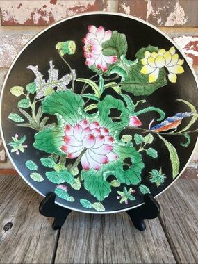 vintage Chinese porcelain plate featuring hand painted lotus pond small bird 10”